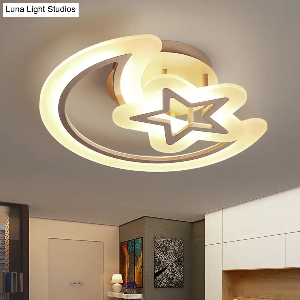Kids’ Moon And Star Ceiling Lamp - White Led Semi Flush Mount For Bedroom