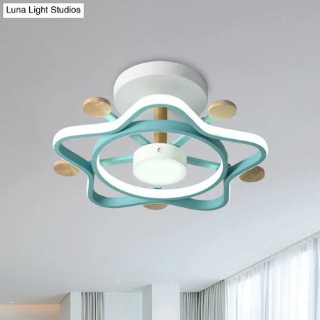 Kid’s Pink/Blue Wood Pentagram Led Semi Flush Light - Ceiling Lighting For Baby Room In Warm/White