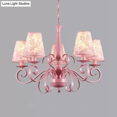 Kids Pink Tapered Shade Chandelier - 5 Light Metal Hanging Lamp For Living Room