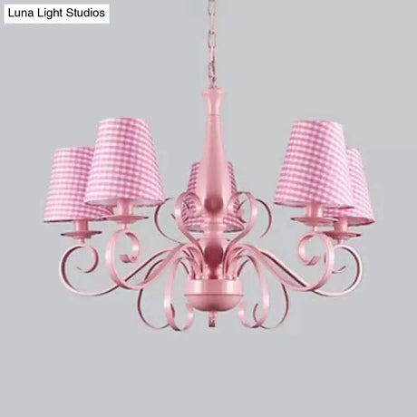 Kids Pink Tapered Shade Chandelier - 5 Light Metal Hanging Lamp For Living Room