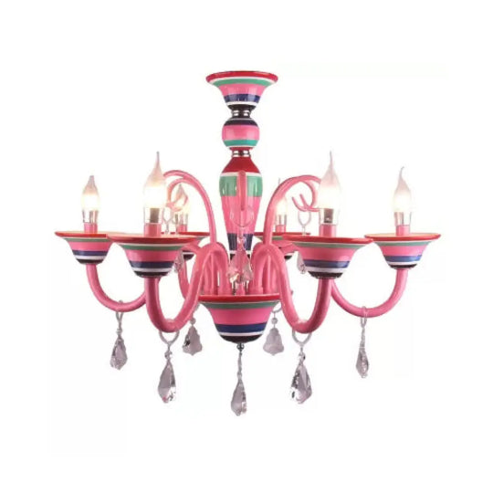 Kids Pink Teardrop Crystal Pendant Light: Candle-Shaped Metal Hanging Light For Girls Room 6 /