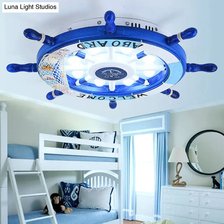 Kids Style 8 - Bulb Led Flush Ceiling Light - Rudder Wooden Flushmount With Fishnet Deco