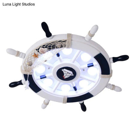 Kids Style 8 - Bulb Led Flush Ceiling Light - Rudder Wooden Flushmount With Fishnet Deco