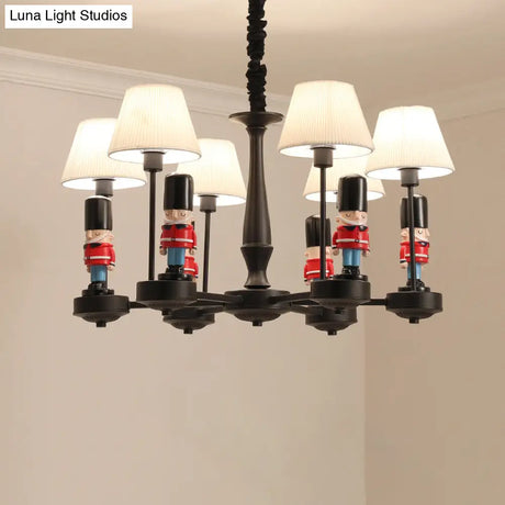 Kids Style Black Tapered Ceiling Lighting With Pleated Fabric Chandelier And Soldier Decor