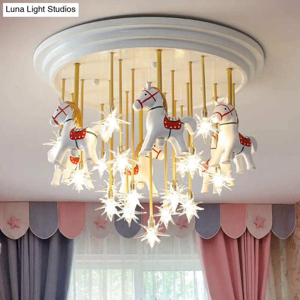 Kids’ Style Md Ceiling Light: Semi Flush Mount With Led Resin Horse In White