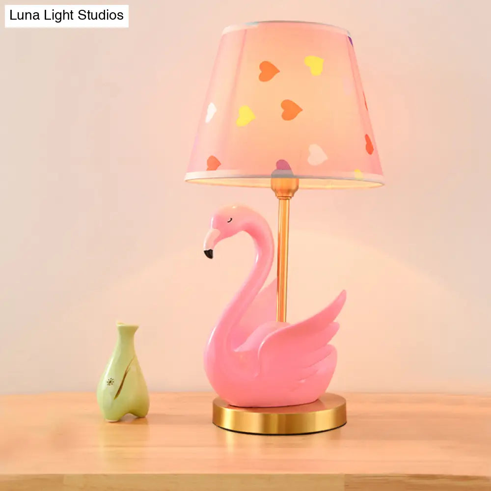Kids Style Swan Pattern Fabric Nightstand Lamp - Quirky Single Table Lighting With Decorative Bucket