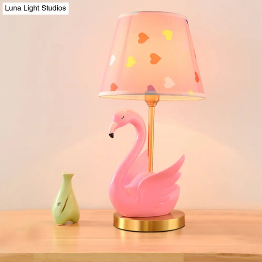 Kids Style Swan Pattern Fabric Nightstand Lamp - Quirky Single Table Lighting With Decorative Bucket