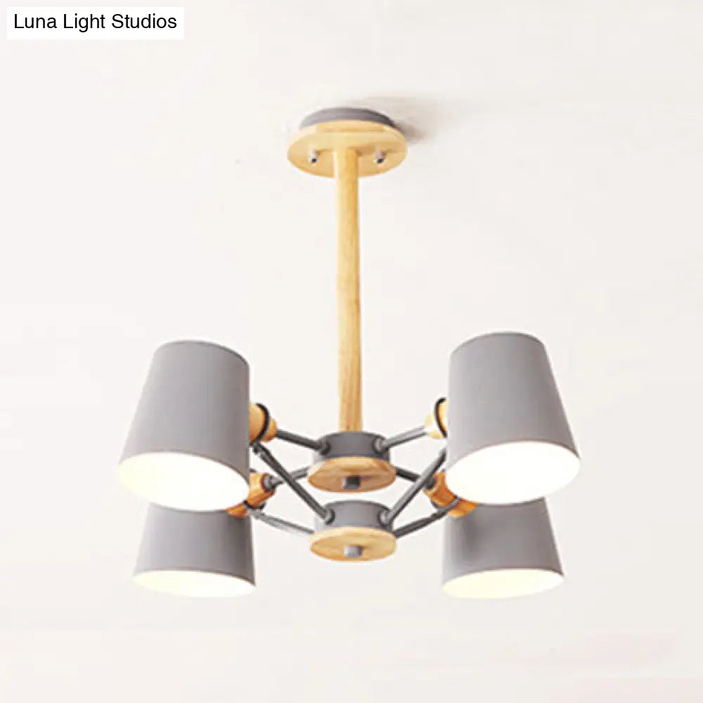 Kids Wood Chandelier: Macaron Style Hanging Fixture For Bedroom With Rod And Tapered Shade