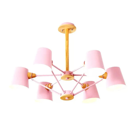 Kids Wood Chandelier: Macaron Style Hanging Fixture For Bedroom With Rod And Tapered Shade 6 / Pink