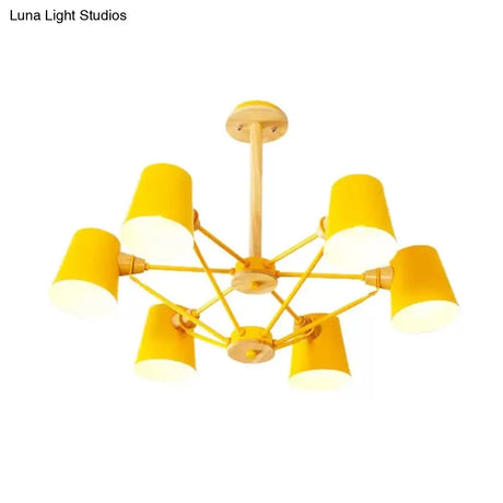 Kids Wood Chandelier: Macaron Style Hanging Fixture For Bedroom With Rod And Tapered Shade