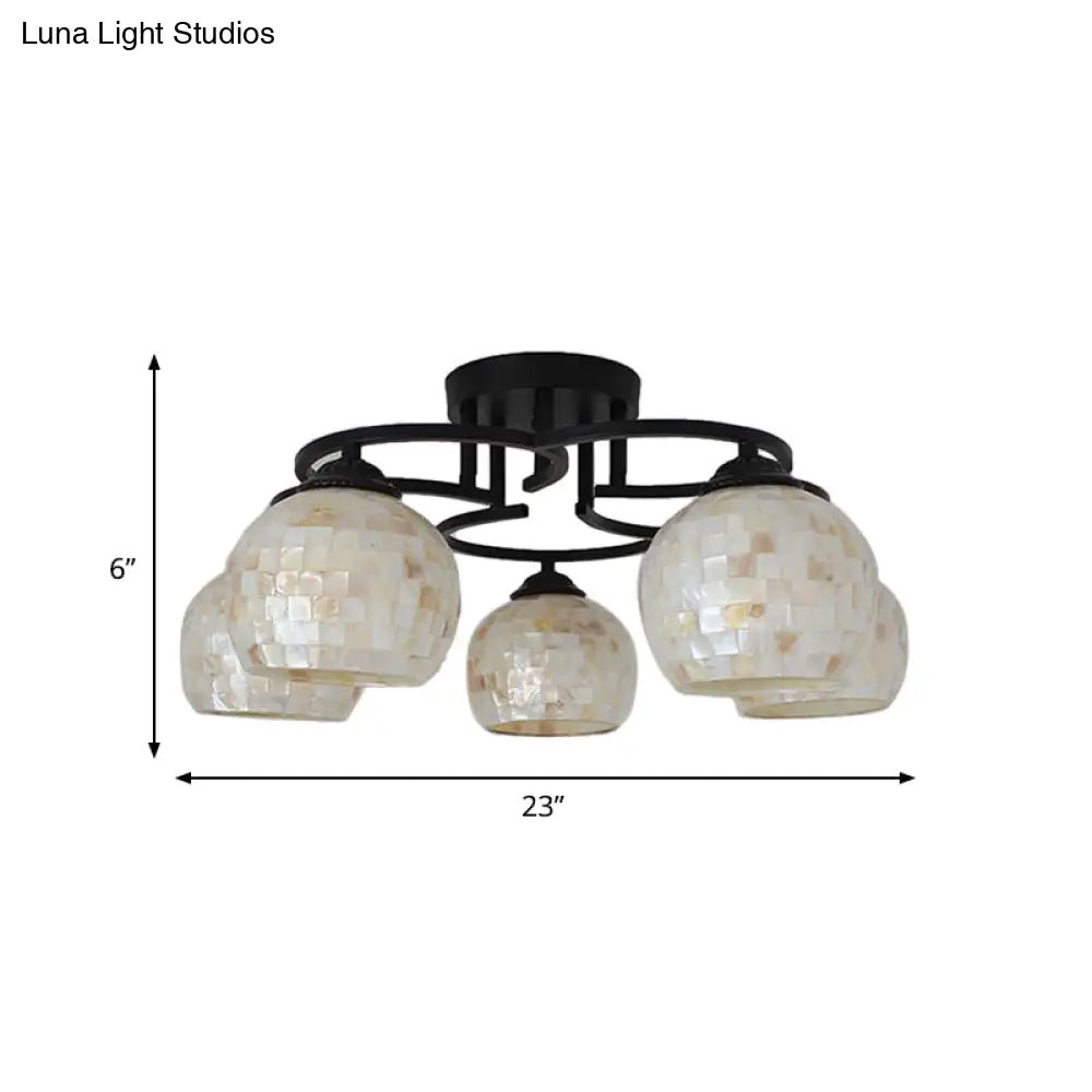 Kitchen Semi Flush Tiffany Beige/White Ceiling Light With Dome Shell Shade - 5 Lights