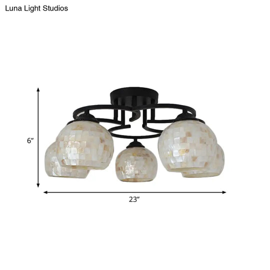 Kitchen Semi Flush Tiffany Beige/White Ceiling Light With Dome Shell Shade - 5 Lights