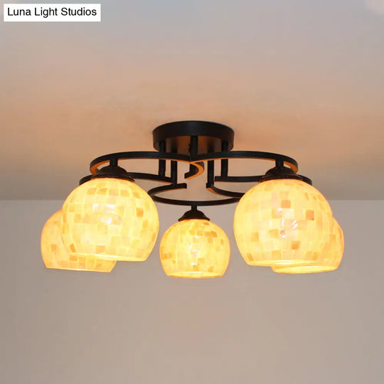 Kitchen Semi Flush Tiffany Beige/White Ceiling Light With Dome Shell Shade - 5 Lights