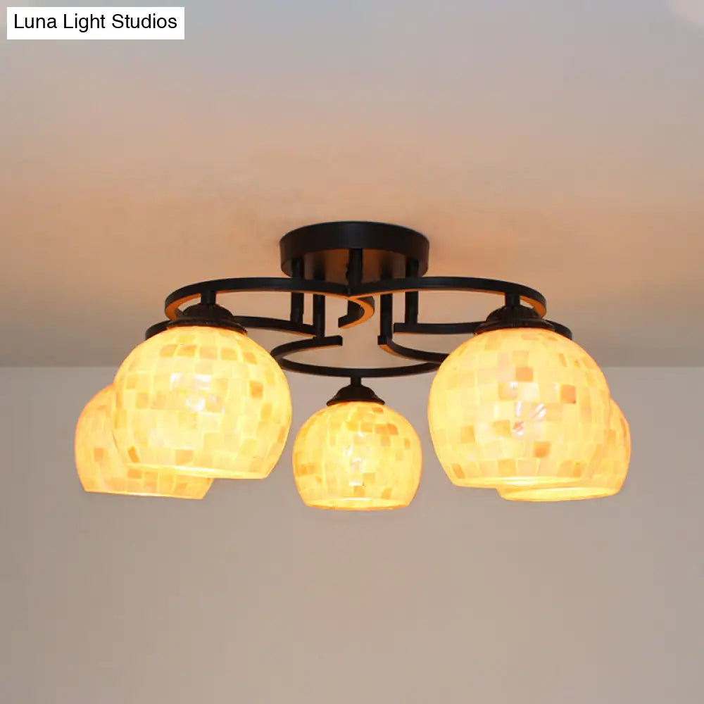 Kitchen Semi Flush Tiffany Beige/White Ceiling Light With Dome Shell Shade - 5 Lights