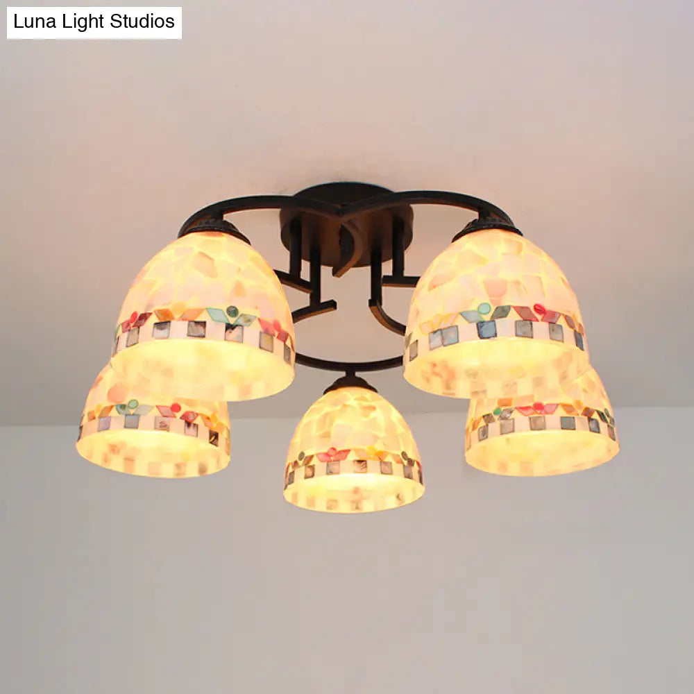 Kitchen Semi Flush Tiffany Beige/White Ceiling Light With Dome Shell Shade - 5 Lights