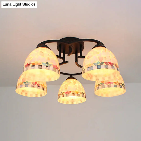 Kitchen Semi Flush Tiffany Beige/White Ceiling Light With Dome Shell Shade - 5 Lights