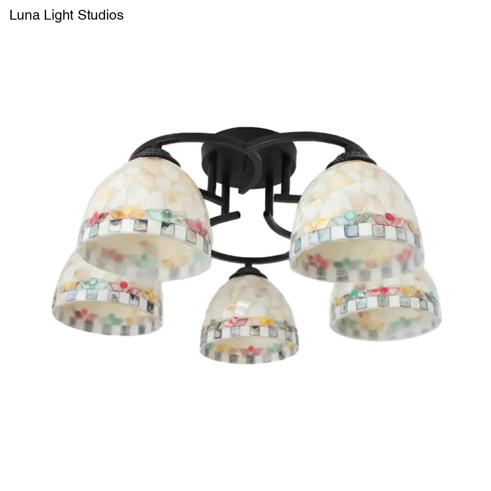 Kitchen Semi Flush Tiffany Beige/White Ceiling Light With Dome Shell Shade - 5 Lights