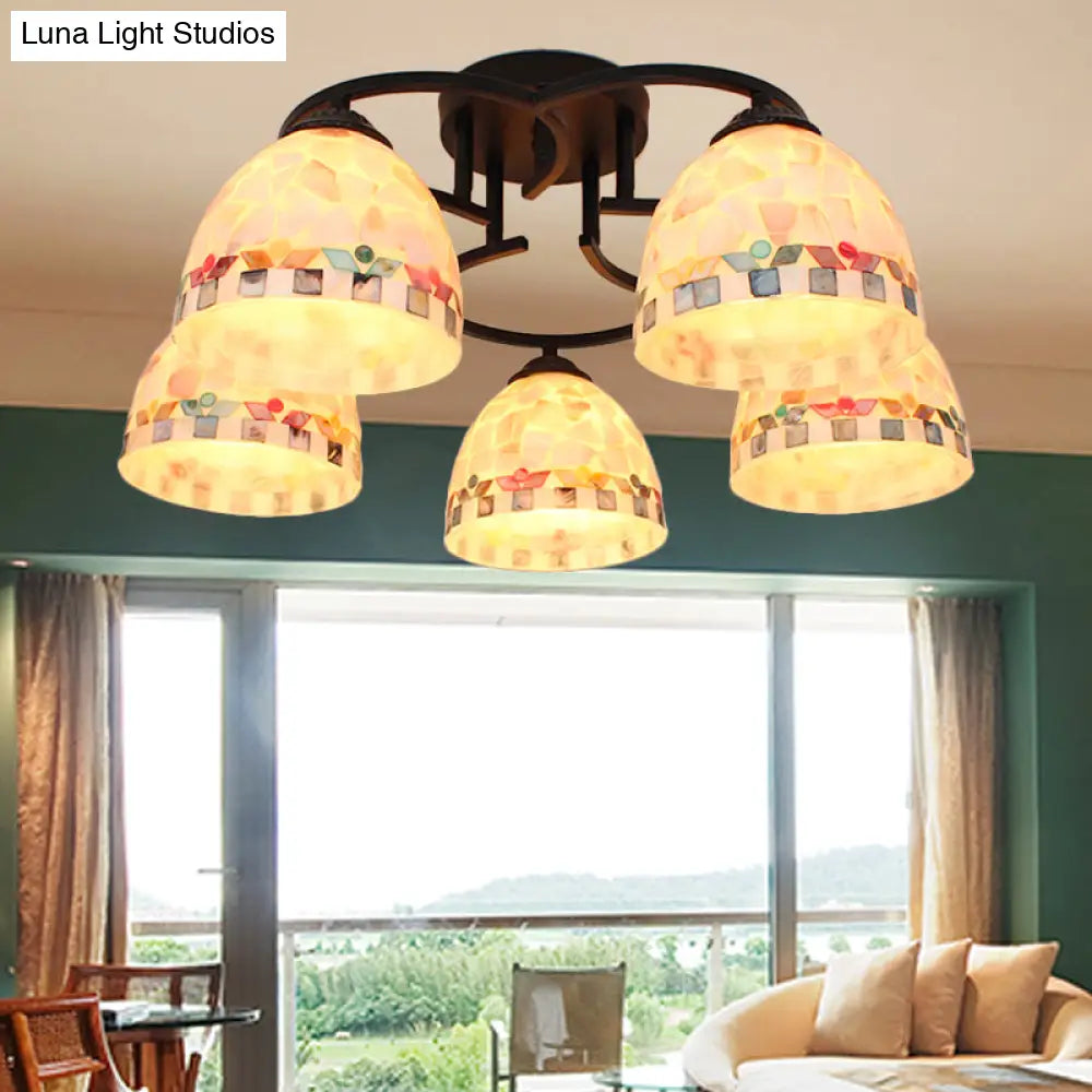 Kitchen Semi Flush Tiffany Beige/White Ceiling Light With Dome Shell Shade - 5 Lights Beige