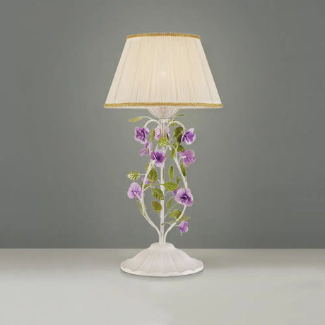Korean Flower 1-Head Nightstand Lamp With White Fabric Shade For Bedroom