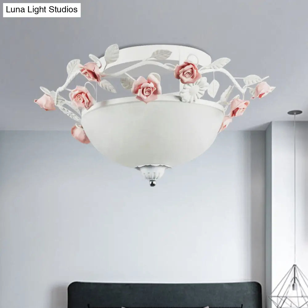 Korean Flower Glass Flush Light For Living Room - 1 Bulb Mount Fixture White