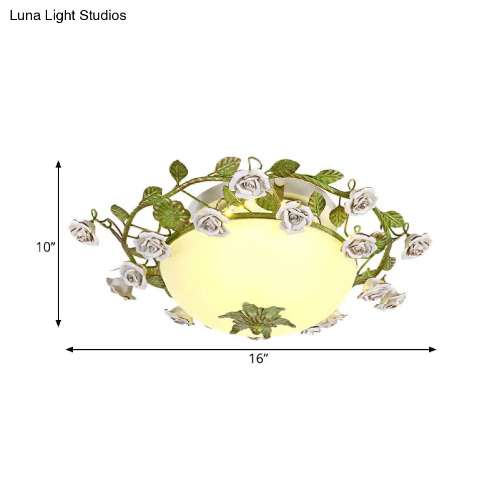 Korean Flower Led Glass Bowl Ceiling Light For Bedroom Semi Flush Mount 16/19.5 Wide In White