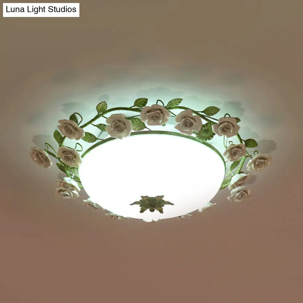 Korean Flower Led Glass Bowl Ceiling Light For Bedroom Semi Flush Mount 16/19.5 Wide In White