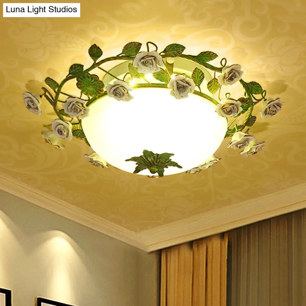 Korean Flower Led Glass Bowl Ceiling Light For Bedroom Semi Flush Mount 16/19.5 Wide In White / 16
