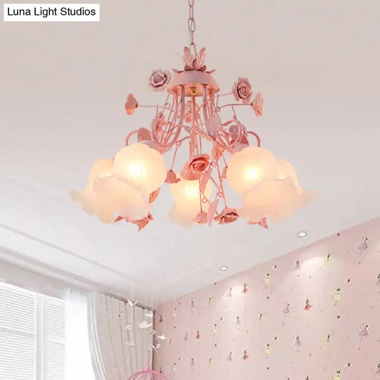 Korean Flower Metal Rose Chandelier Lamp - 5 Lights Pink Suspension Lighting For Living Room