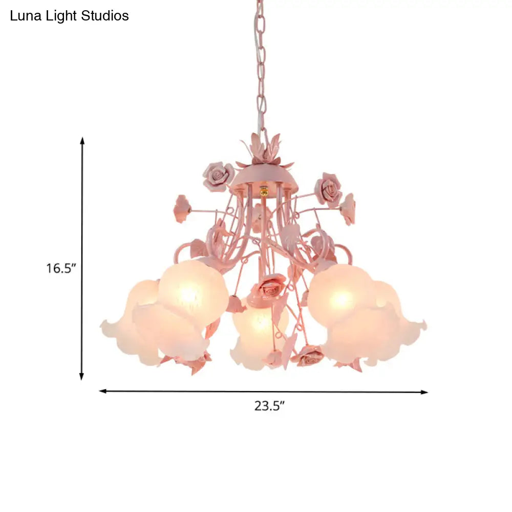 Korean Flower Metal Rose Chandelier Lamp - 5 Lights Pink Suspension Lighting For Living Room