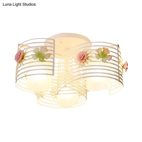 Korean Flower Swirled Iron Semi - Flush 3 - Light Ceiling Lamp With Matte Glass Shade