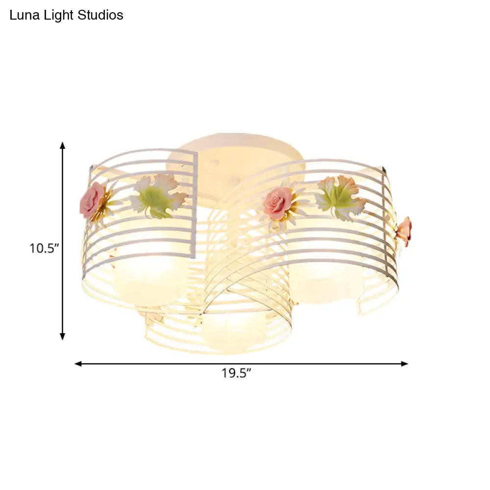 Korean Flower Swirled Iron Semi-Flush 3-Light Ceiling Lamp With Matte Glass Shade