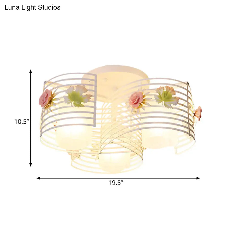 Korean Flower Swirled Iron Semi - Flush 3 - Light Ceiling Lamp With Matte Glass Shade