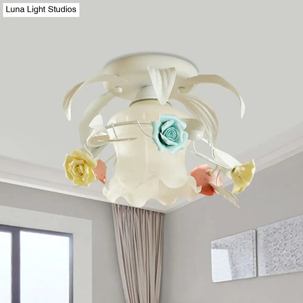 Korean Flower White/Green Frosted Glass Semi - Mount Ceiling Lamp With Single Flounce Trim
