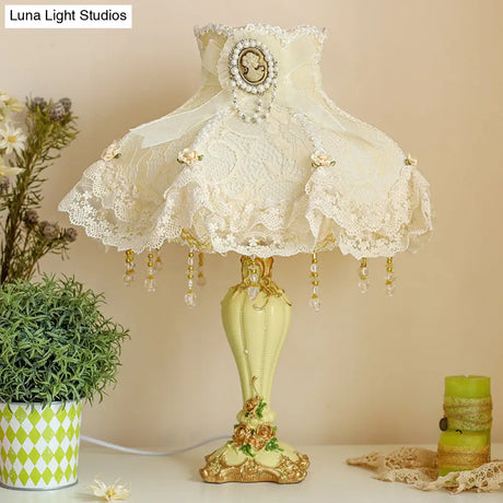 Korean Garden 1 Head Night Table Light - Beige Fabric Frill Lace Trim Urn Base