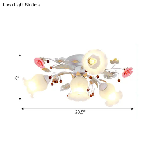 Korean Garden Bloom Semi Flush Mount Light Fixture - White Glass Ideal For Dining Room 4/6/9 Bulbs