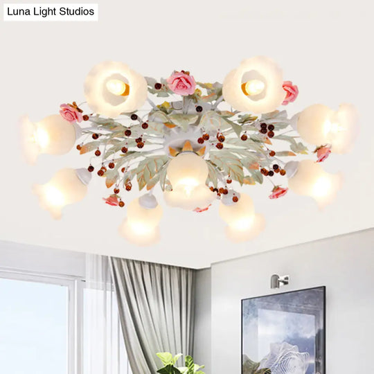 Korean Garden Bloom Semi Flush Mount Light Fixture - White Glass Ideal For Dining Room 4/6/9 Bulbs