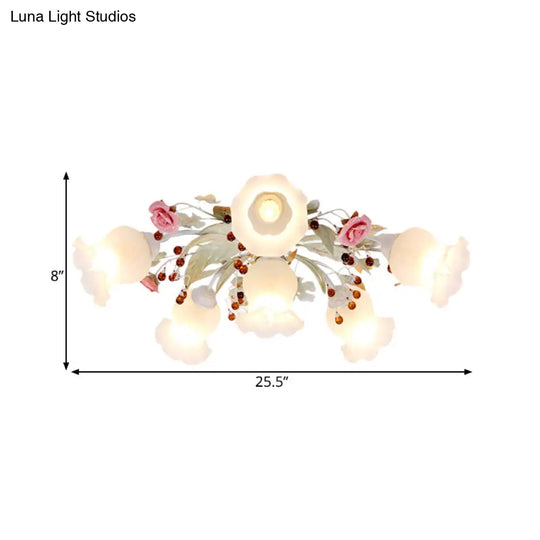 Korean Garden Bloom Semi Flush Mount Light Fixture - White Glass Ideal For Dining Room 4/6/9 Bulbs