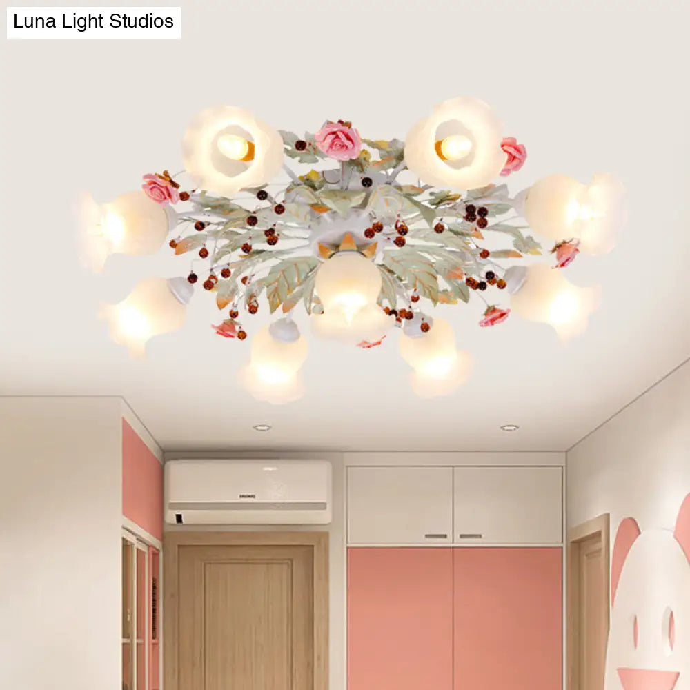 Korean Garden Bloom Semi Flush Mount Light Fixture - White Glass Ideal For Dining Room 4/6/9 Bulbs