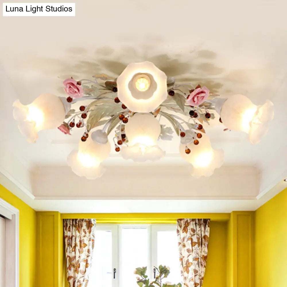 Korean Garden Bloom Semi Flush Mount Light Fixture - White Glass Ideal For Dining Room 4/6/9 Bulbs 6