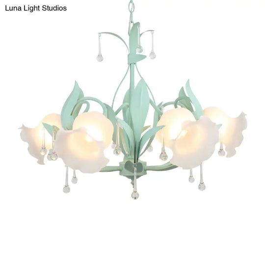 Korean Garden Floral Ceiling Chandelier With Frosted Glass And Droplet Decor For Living Room