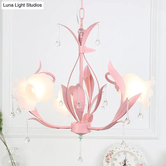Korean Garden Floral Ceiling Chandelier With Frosted Glass And Droplet Decor For Living Room