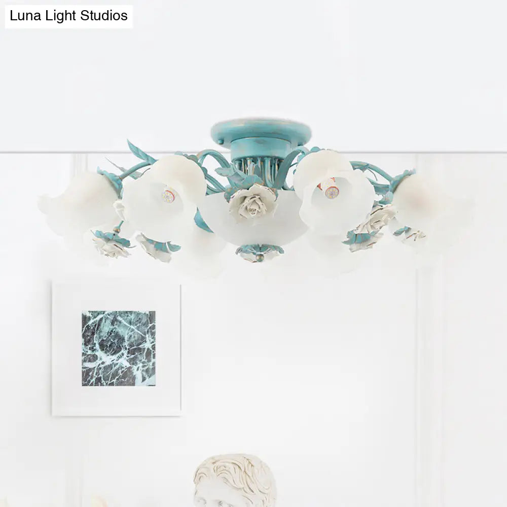 Korean Garden Floral Semi Flush Mount Light Fixture - Cream Glass 5/7/11 Lights Pink/Blue Bedroom