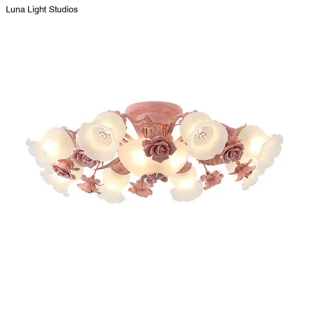 Korean Garden Floral Semi Flush Mount Light Fixture - Cream Glass 5/7/11 Lights Pink/Blue Bedroom