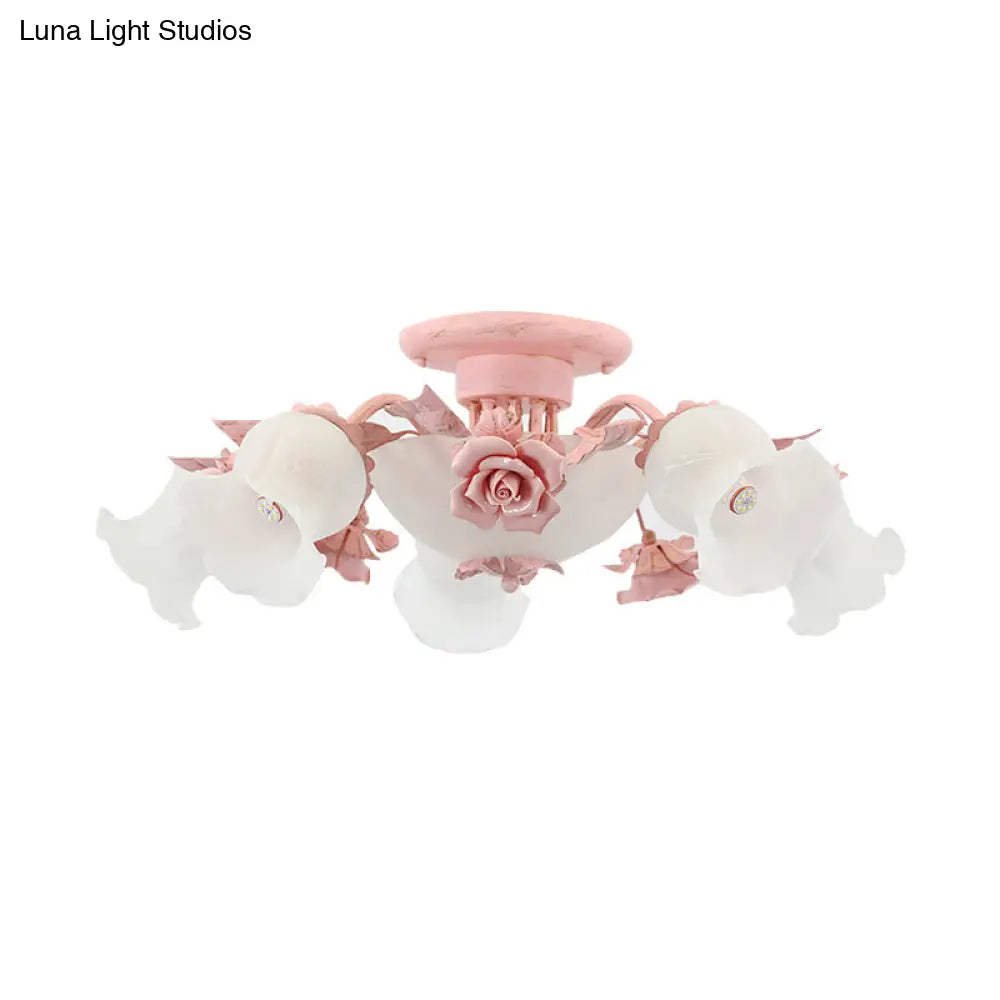 Korean Garden Floral Semi Flush Mount Light Fixture - Cream Glass 5/7/11 Lights Pink/Blue Bedroom