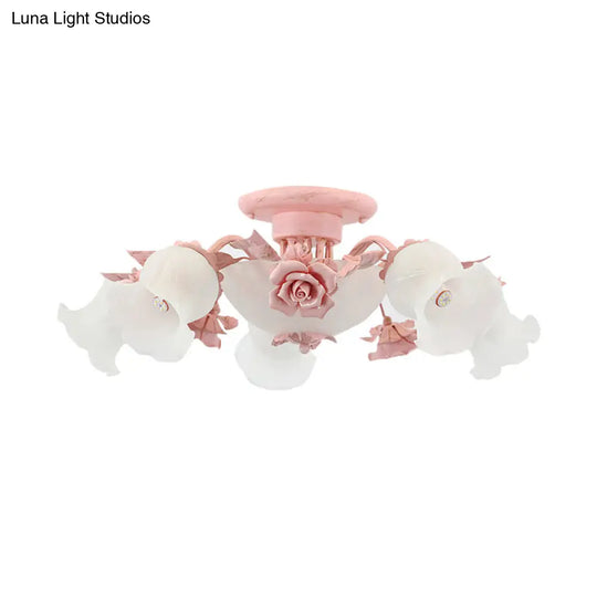 Korean Garden Floral Semi Flush Mount Light Fixture - Cream Glass 5/7/11 Lights Pink/Blue Bedroom