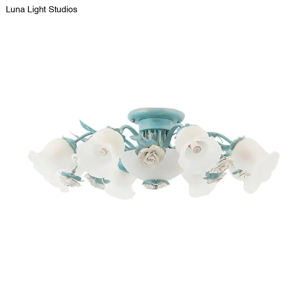 Korean Garden Floral Semi Flush Mount Light Fixture - Cream Glass 5/7/11 Lights Pink/Blue Bedroom