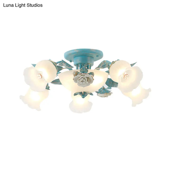 Korean Garden Floral Semi Flush Mount Light Fixture - Cream Glass 5/7/11 Lights Pink/Blue Bedroom