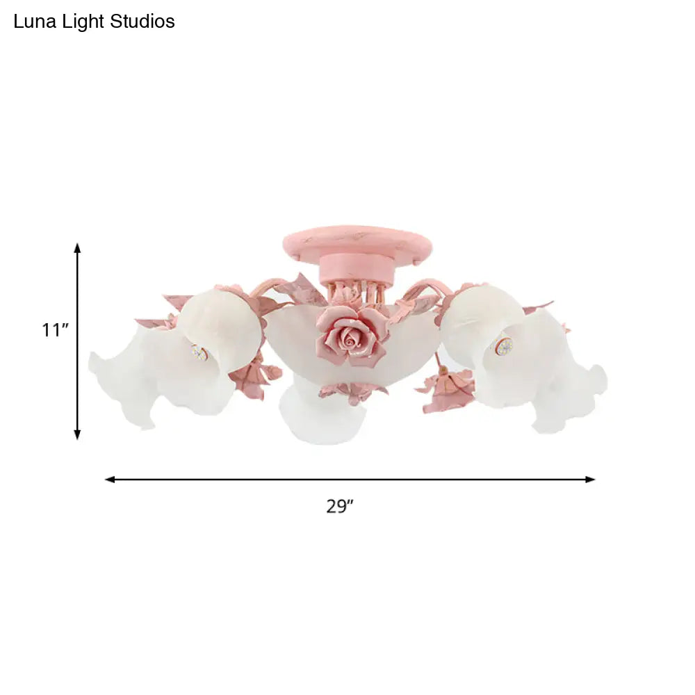 Korean Garden Floral Semi Flush Mount Light Fixture - Cream Glass 5/7/11 Lights Pink/Blue Bedroom
