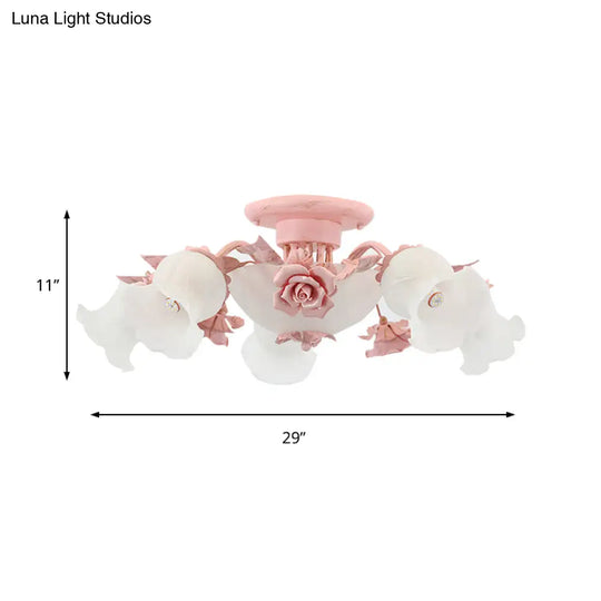 Korean Garden Floral Semi Flush Mount Light Fixture - Cream Glass 5/7/11 Lights Pink/Blue Bedroom