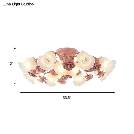 Korean Garden Floral Semi Flush Mount Light Fixture - Cream Glass 5/7/11 Lights Pink/Blue Bedroom